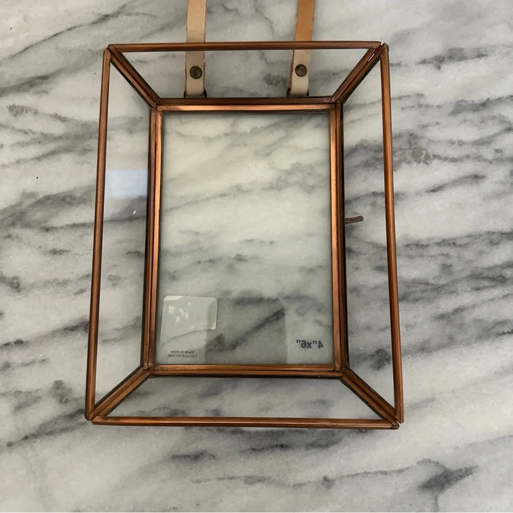 Anthropologie Townsend brass box style picture photo frame with leather string